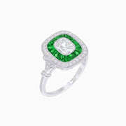 Art Deco Inspired Cushion Gemstone & Diamond Halo Ring - Shahin Jewelry